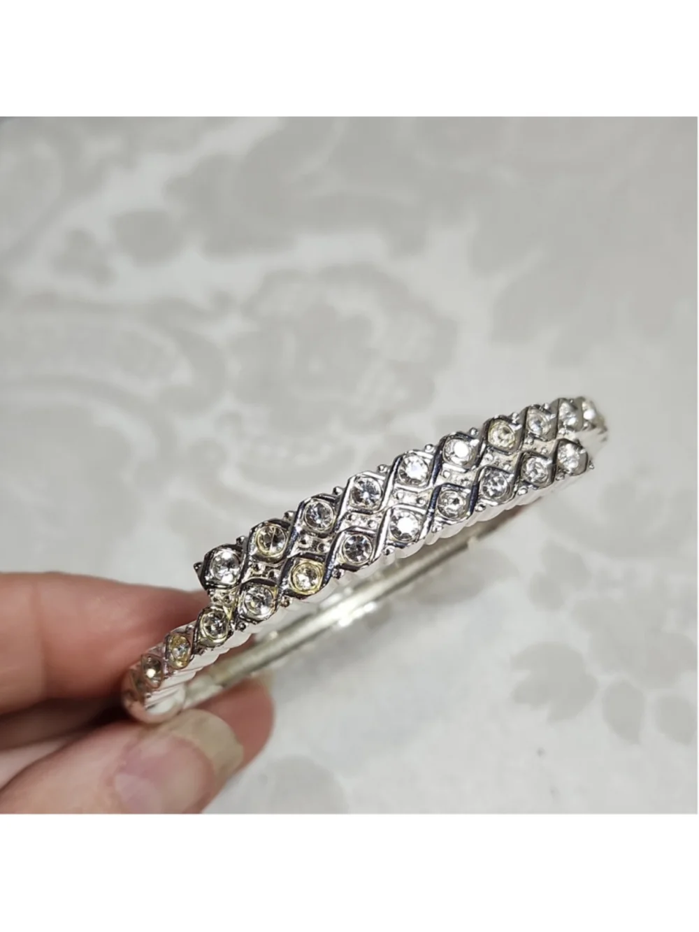 Silver Tone Hinged Rhinestone Pavé Cuff Bangle Bracelet, 7 in